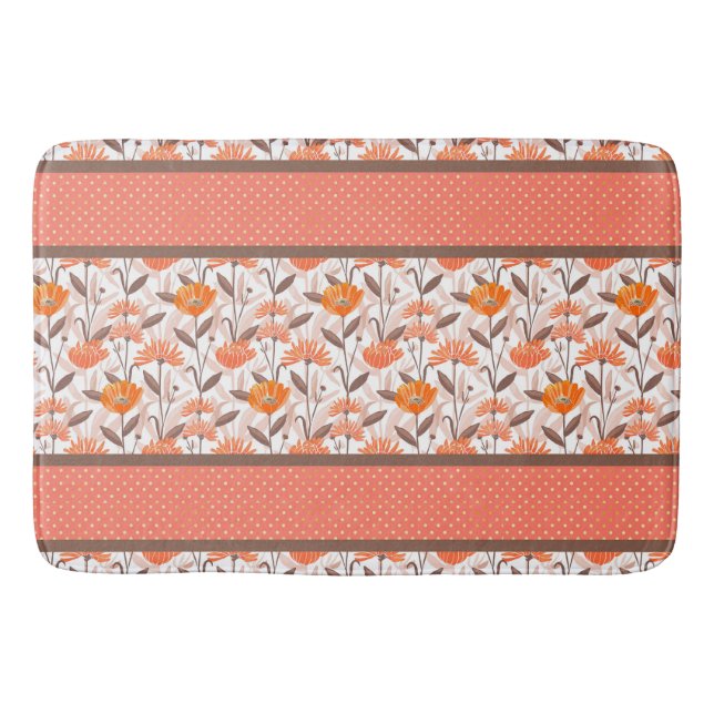 Pretty Coral & Orange Floral Panel  Bath Mat (Front)