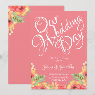 Pretty Coral Peach Floral Script Wedding Invitation