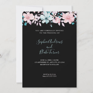 Pretty Country Pink and Blue Floral Black Wedding Invitation
