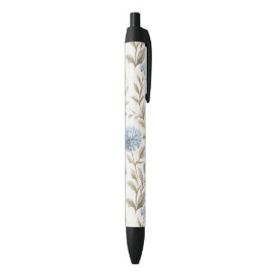 Pretty Cream Blue Flowers Black Ink Pen