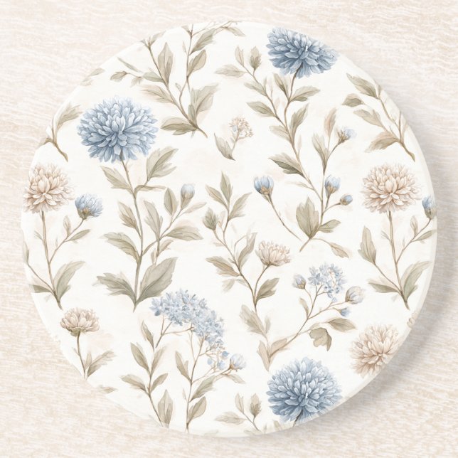 Pretty Cream Blue Flowers Coaster (Front)