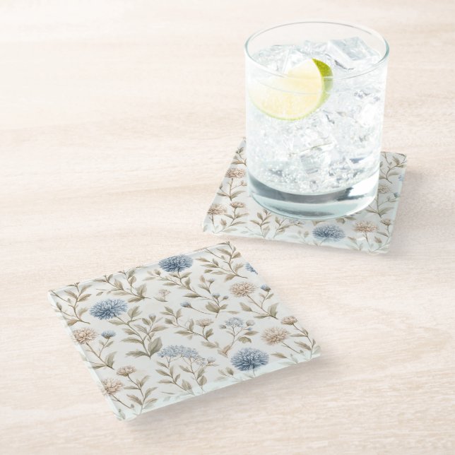 Pretty Cream Blue Flowers Glass Coaster (Angled)