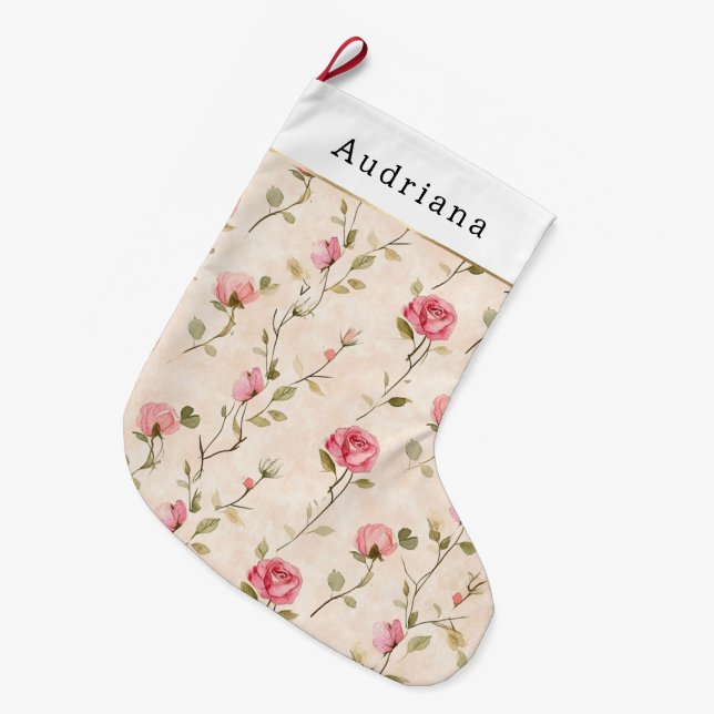 Pretty Cream Pink Rose Floral Christmas Large Christmas Stocking (Front (Hanging))