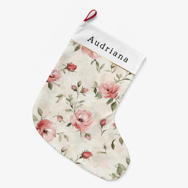 Pretty Cream Pink Roses Floral Christmas Large Christmas Stocking (Front (Hanging))