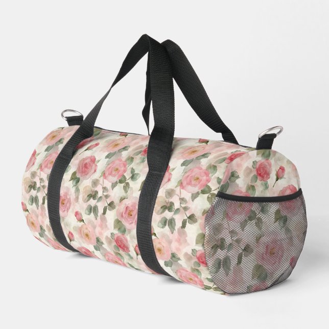Pretty Cream Pink Roses Floral Duffle Bag (Right Corner)