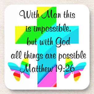 PRETTY CROSS AND RAINBOW MATTHEW 19:26 DESIGN COASTER