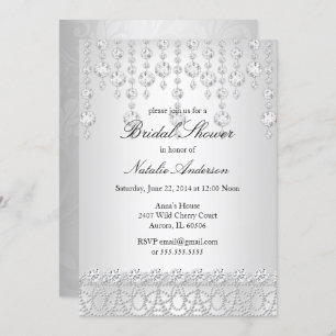 Pretty Crystal Bridal Shower Silver Grey White Invitation