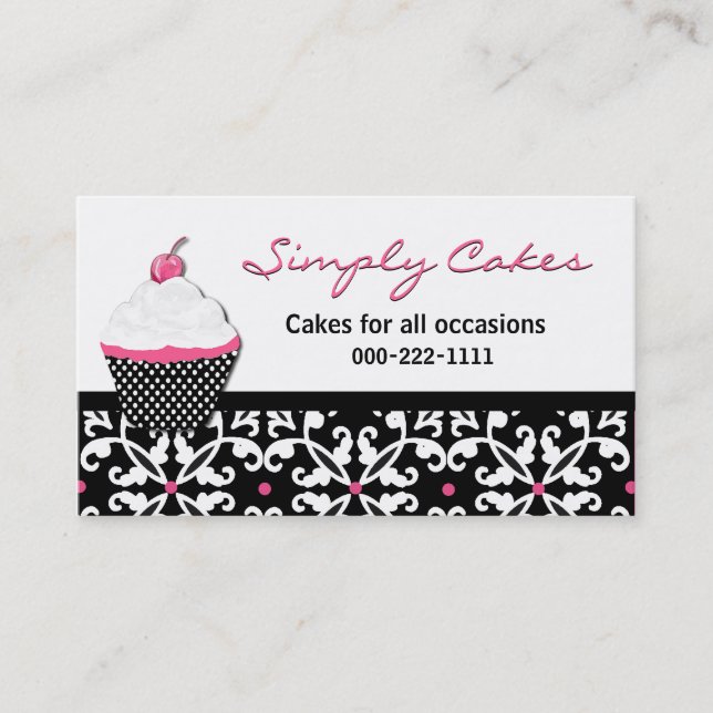 Pretty Cupcake and Damask Bakery Business Card (Front)