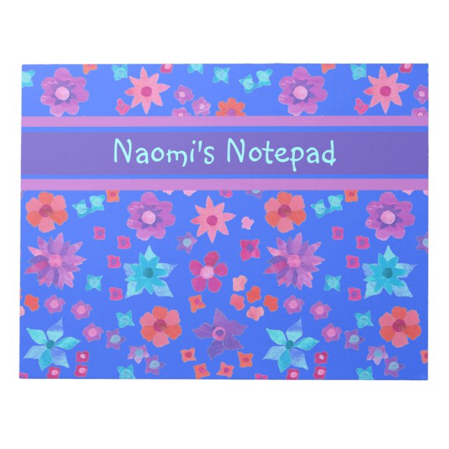 Pretty, Custom Blue Flower-Power Notepad or Jotter (Front)