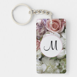 Pretty custom initial pink and ivory floral keychain