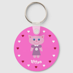 Pretty & Cute Kitten & Hearts Customizable Pink Keychain