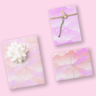 Pretty Cute Pastel Pink Aesthetic Cloud Stars Wrapping Paper Sheet