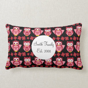 Pretty Cute Pink Owls and Flowers Pattern Black Lumbar Pillow