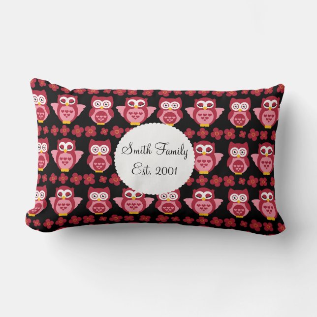 Pretty Cute Pink Owls and Flowers Pattern Black Lumbar Pillow (Front)