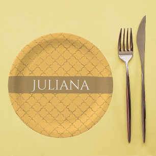 Pretty Daffodil  Gold Quatrefoil Personalized  Paper Plate