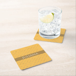 Pretty Daffodil  Gold Quatrefoil Personalized  Square Paper Coaster