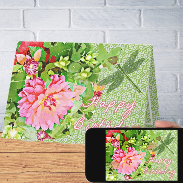 Pretty Dahlia Blooms and Dragonfly Happy Birthday  Card (Creator Uploaded)