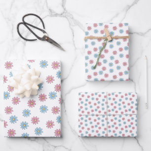 Pretty Dainty Pink Blue Flower Blossom Pattern Wrapping Paper Sheet