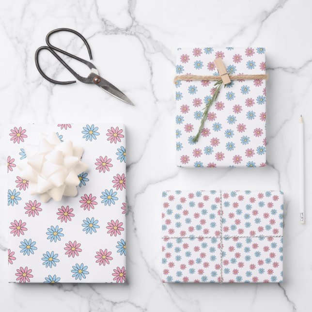Pretty Dainty Pink Blue Flower Blossom Pattern Wrapping Paper Sheet (Front)