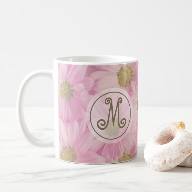 Pretty Daisies Blush Pink Cute Custom Initial Coffee Mug (With Donut)