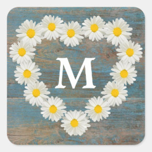 Pretty Daisies Monogram Rustic Blue Wood Square Sticker