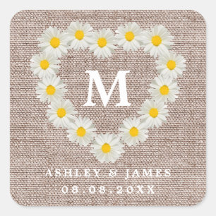 Pretty Daisies Monogram Wedding Burlap Square Sticker