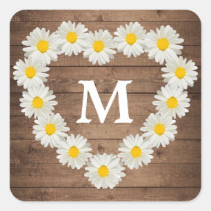 Pretty Daisies Monogram Wedding Rustic Wood Square Sticker