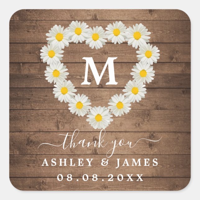 Pretty Daisies Monogram Wedding Thank You Square Sticker (Front)