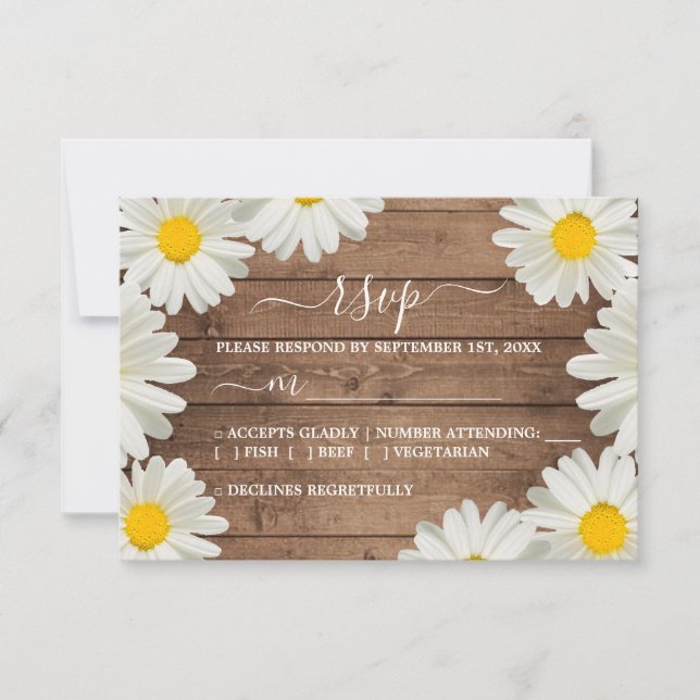 Pretty Daisies White Floral Rustic Wood Wedding RSVP Card (Front)