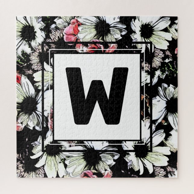 Pretty Daisy Flowers Black Monogram Family Wedding Jigsaw Puzzle (Vertical)