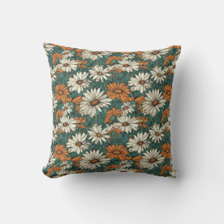 Pretty daisy flowers, green, orange and cream throw pillow