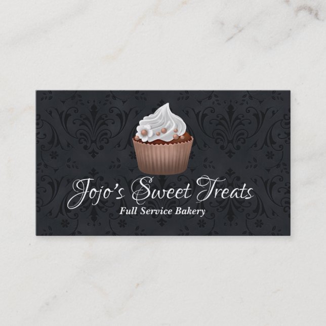 Pretty Damask and Cupcake Bakery Business Card (Front)