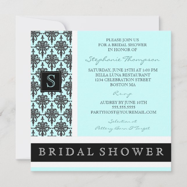 Pretty Damask Monogram Bridal Shower Invitation (Front)