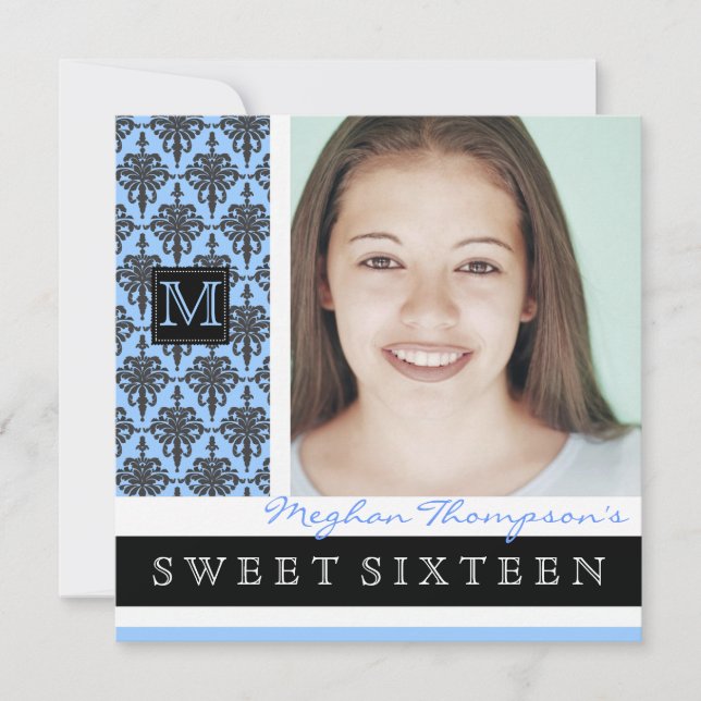 Pretty Damask Monogram Sweet 16 Party Invitation (Front)