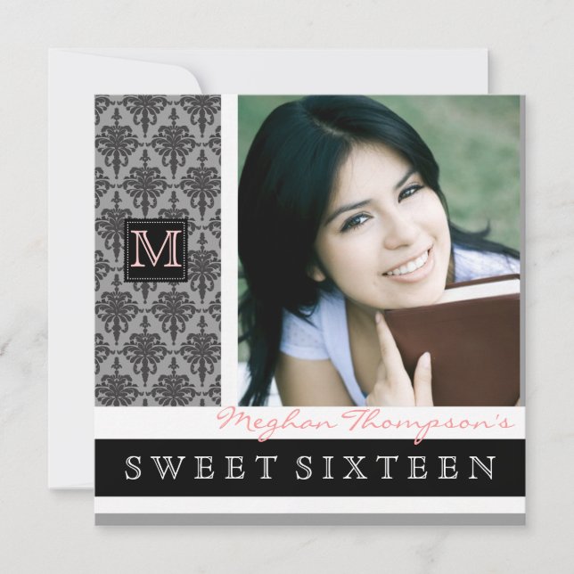 Pretty Damask Monogram Sweet 16 Party Invitation (Front)