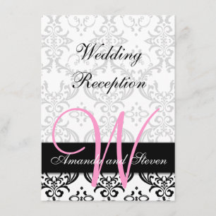 Pretty Damask Pink Monogram Wedding Reception Invitation