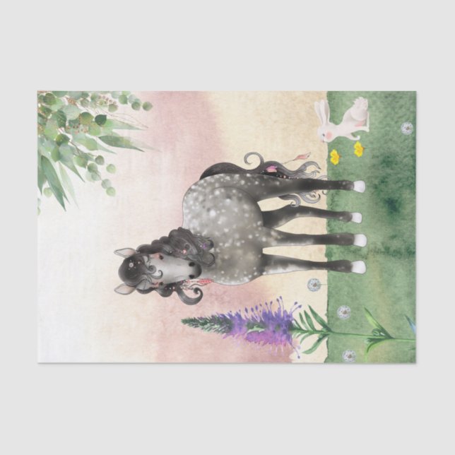 Pretty Dapple Grey Horse in Meadow and Flowers Tissue Paper (Front)