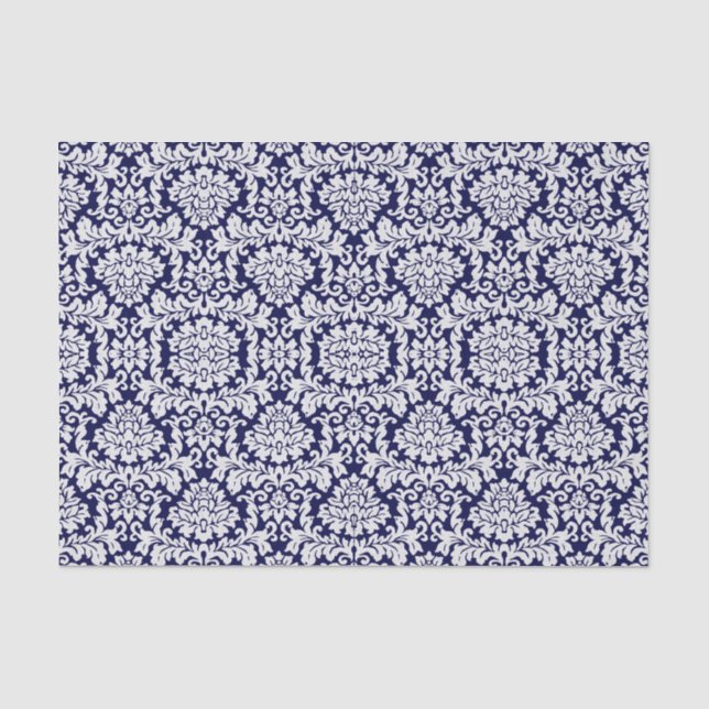 Pretty Dark Blue Floral Damask Tissue Paper (Front)