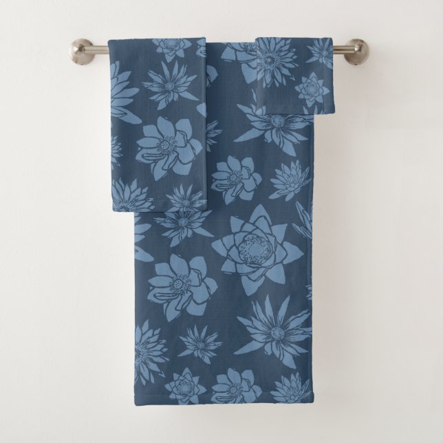 Pretty Dark Blue Floral Pattern Bath Towel Set (Insitu)