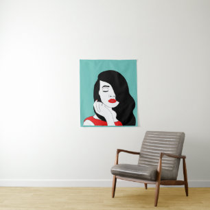 Pretty Dark Hair Woman red lipstick Makeup Art Tapestry