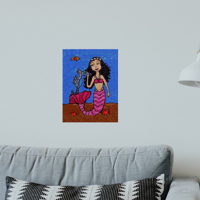 Pretty Dark Haired Mermaid Seahorse Fish Poster (Cute mermaid pink tail with star fish, seahorse in ocean blue water on wall art poster.)