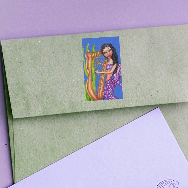 Pretty Dark Haired Purple Mermaid Harp Ocean Sticker (Purple tail mermaid playing harp in seaweed on ocean blue stickers.)