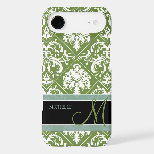 Pretty Dark Olive Green & white damask w/ monogram Case-Mate iPhone Case (Back)