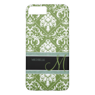 Pretty Dark Olive Green & white damask w/ monogram iPhone 8 Plus/7 Plus Case