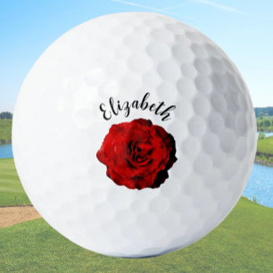 Pretty dark red rose flower custom name ladies golf balls