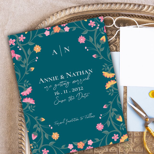 Pretty Dark Teal Yellow Pink Floral Frame Wedding Announcement Postcard (Pretty Dark Teal Yellow Pink Floral Frame Wedding Announcement Postcard)