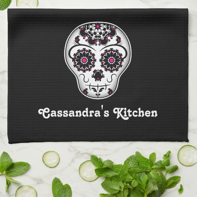 Pretty day of the dead sugar skull kitchen towel (Folded)