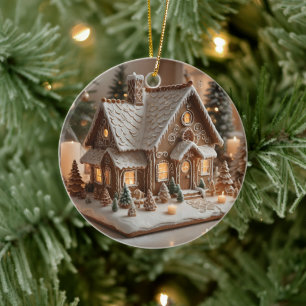 Pretty decorated gingerbread house ceramic ornament