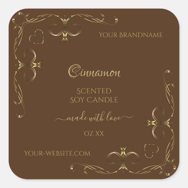 Pretty Decorative Gold Scrollwork Corners on Brown Square Sticker (Front)