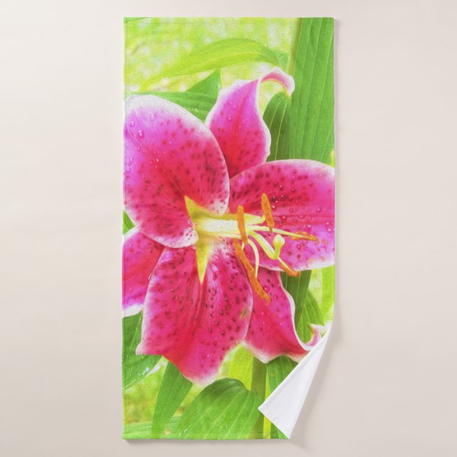 Pretty Deep Pink Stargazer Lily on Lime Green Bath Towel (Bath Towel)
